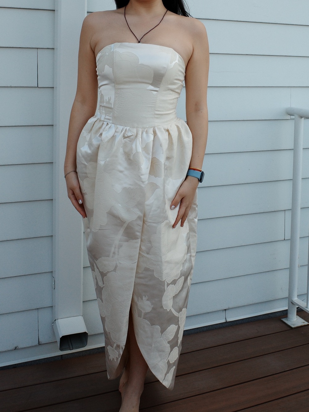 Strapless Floral Jacquard Midi Dress in Ivory - Picture 7 of 9